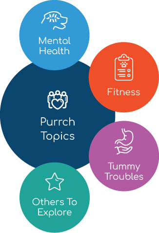 Join purrch communities - Anxious Pups for dogs with anxiety - Health Habbits for dog and cat fitness and nutrition - Tummy Troubles for dogs strugging with digestive issues, diarrhea, and vomiting.