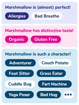 Showing an example of a pet named Marshmellow's tags: Allergies, Bad Breathe, Organic Diet, Gluten Free Diet, Adventurer, Couch Potato, Foot Sitter, Grass Eater, Cuddle Bug, Fart Machine, Yoga Poser, Bed Hog and many more.