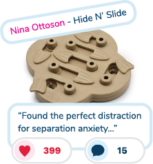 A good dog product to help with dog separation anxiety, the Nina Ottoson - Hide N' Slide, which is the perfect distraction for pets with separation anxiety.